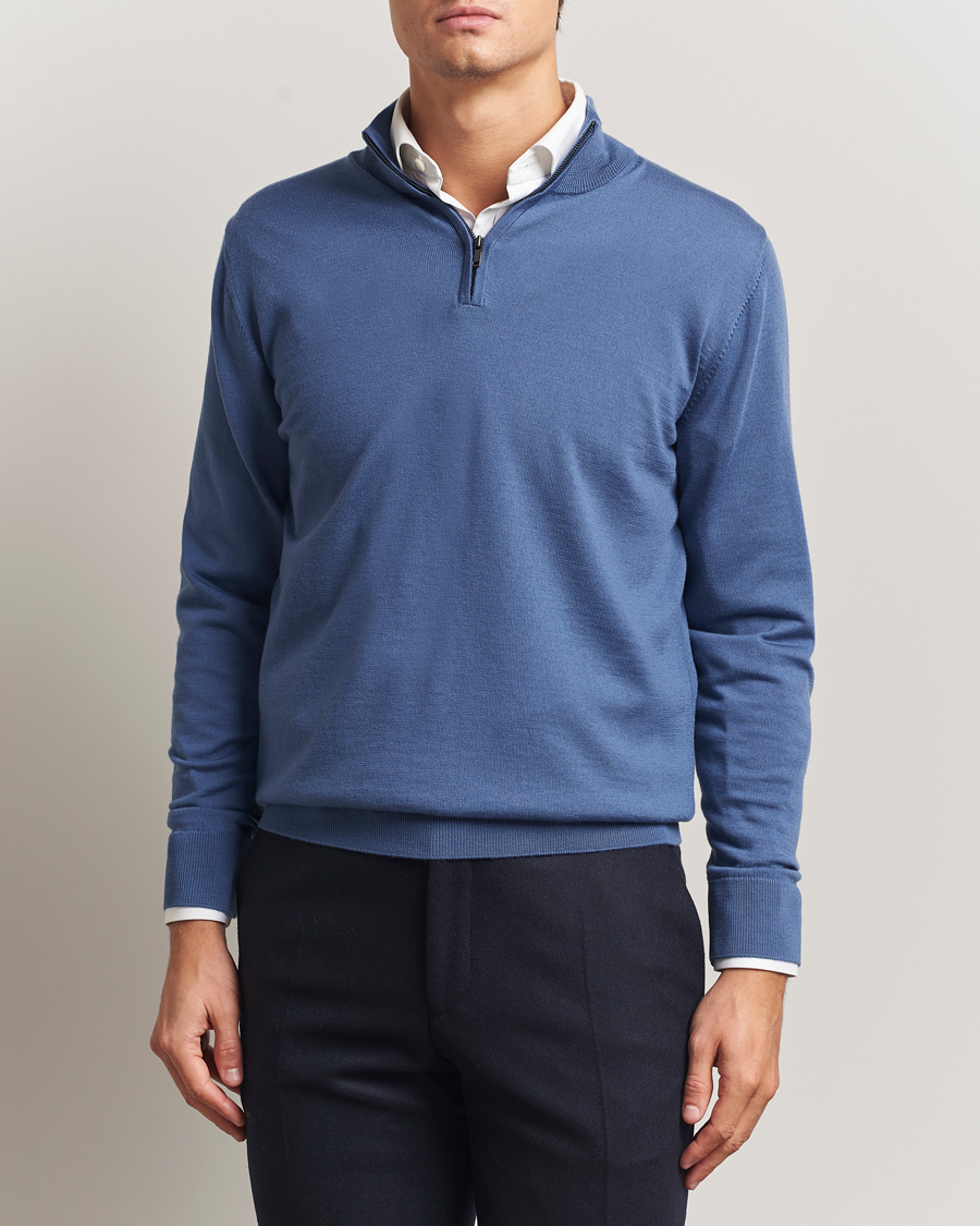 Men | Sweaters & Knitwear | Charles Tyrwhitt | Pure Merino Zip Neck Jumper Steel Blue