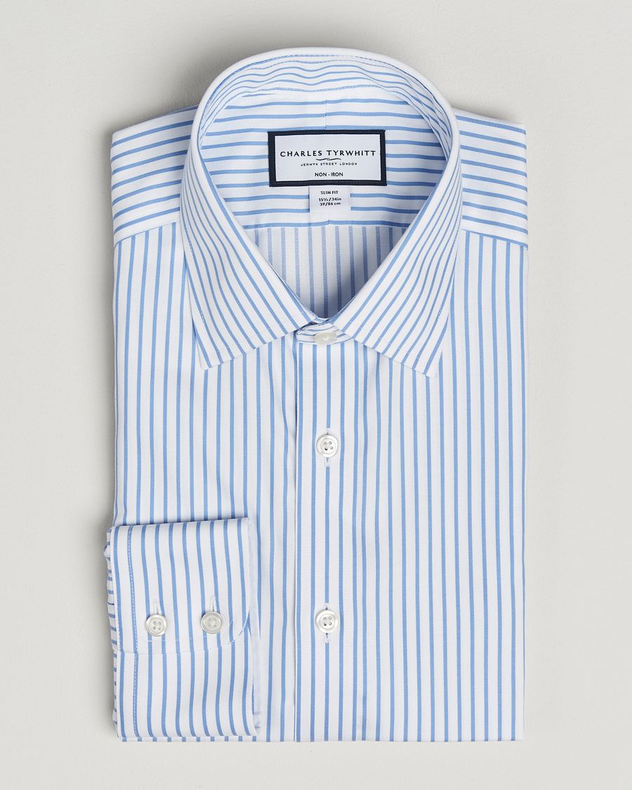 Men | Shirts | Charles Tyrwhitt | Slim Fit Non Iron Twill Stripe Shirt Blue