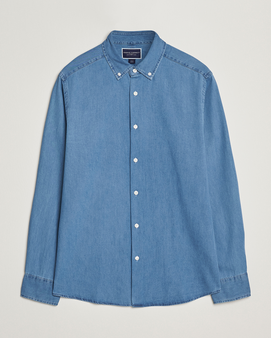 Men | Shirts | Charles Tyrwhitt | Slim Fit Button Down Denim Shirt Ocean Blue