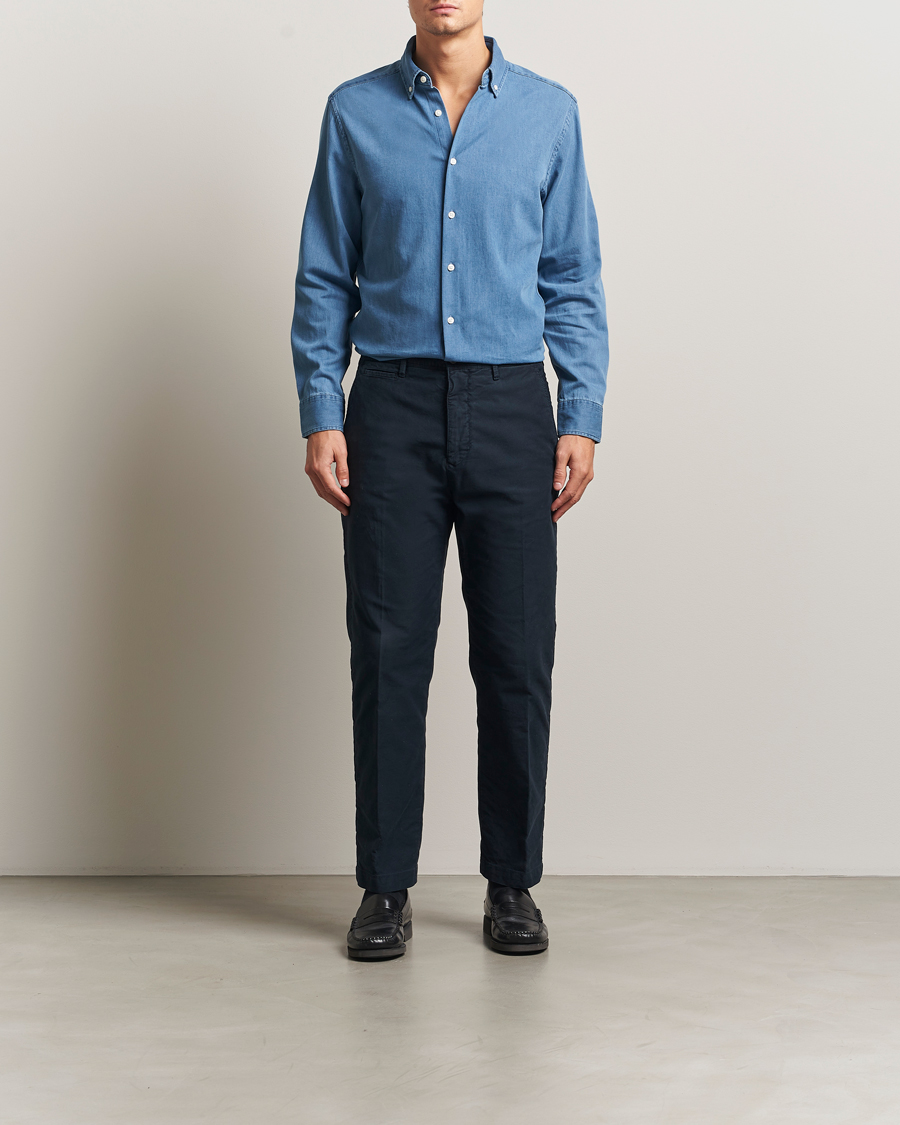 Men | Shirts | Charles Tyrwhitt | Slim Fit Button Down Denim Shirt Ocean Blue