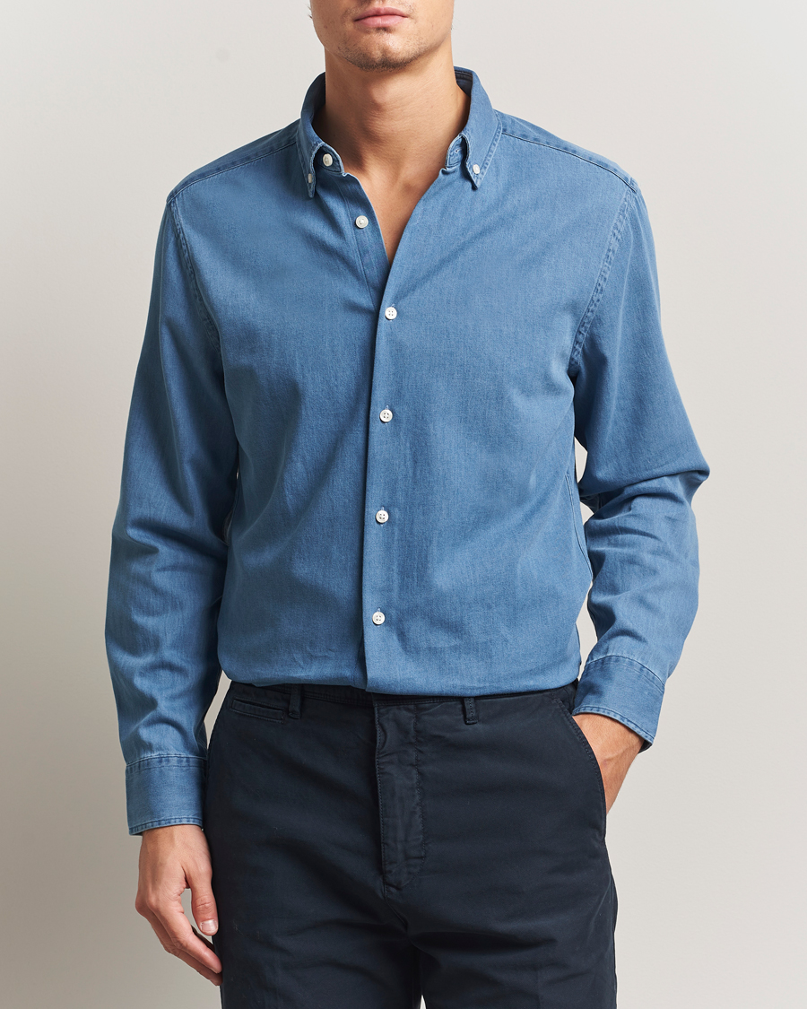 Men | Shirts | Charles Tyrwhitt | Slim Fit Button Down Denim Shirt Ocean Blue