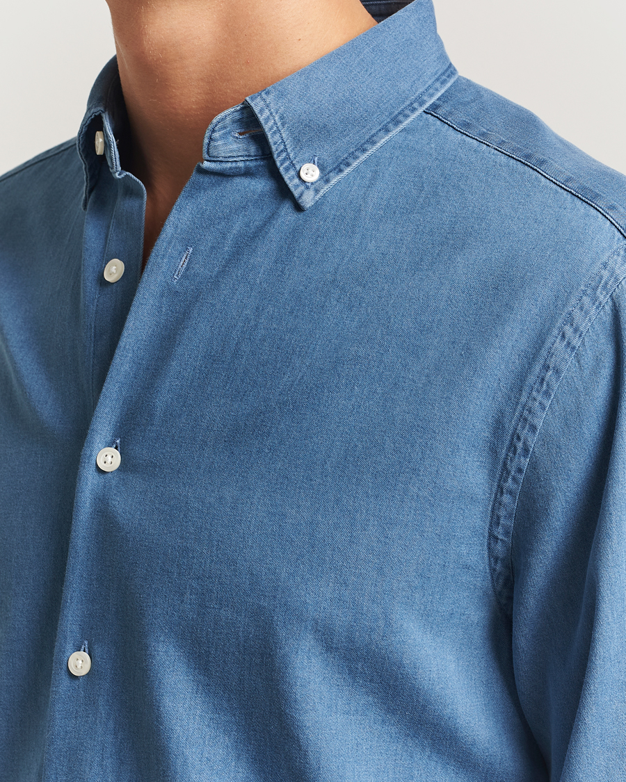 Men | Shirts | Charles Tyrwhitt | Slim Fit Button Down Denim Shirt Ocean Blue