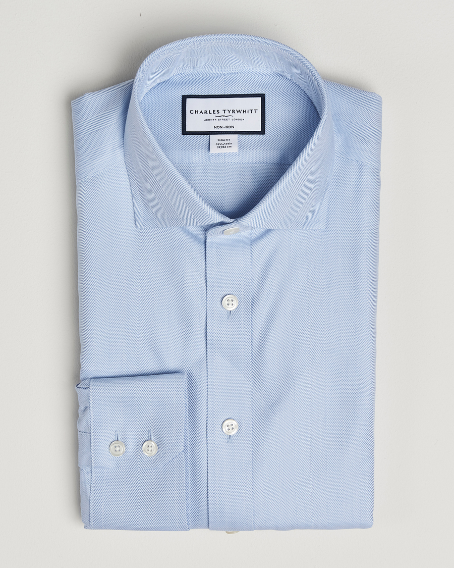 Men | Shirts | Charles Tyrwhitt | Slim Fit Non Iron Herringbone Cut Away Shirt Sky