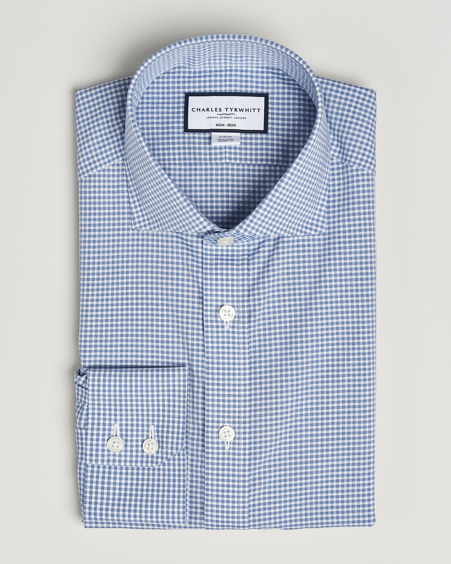Men | Shirts | Charles Tyrwhitt | Slim Fit Non Iron Poplin Gingham Shirt Royal Blue