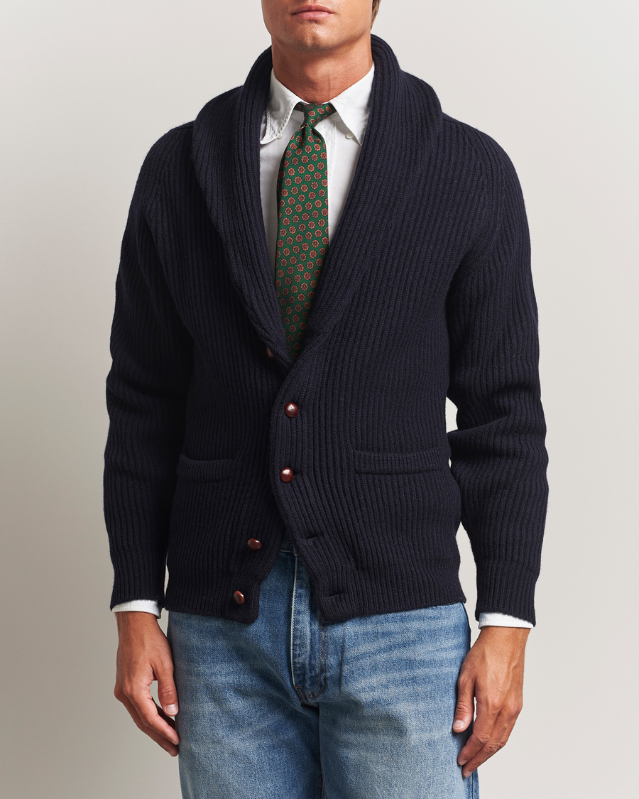Men | Sweaters & Knitwear | Drake's | Lambswool Shawl Collar Rib Cardigan Navy