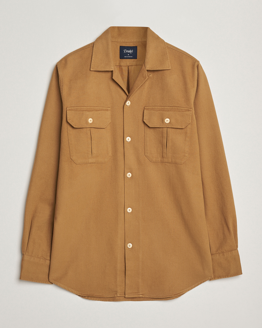 Men | Shirts | Drake's | Brushed Twill Camp Collar Shirt Sand
