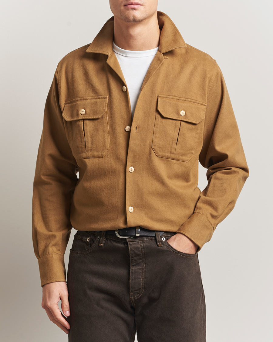 Men | Shirts | Drake's | Brushed Twill Camp Collar Shirt Sand