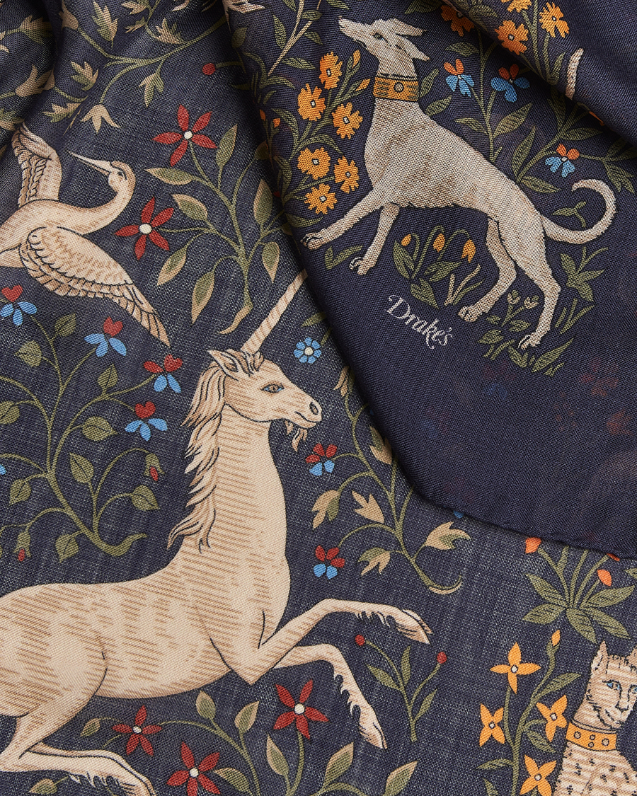 Men | Dress Scarves | Drake's | Drake'sUnicorn Garden Wool/Silk ScarfNavy