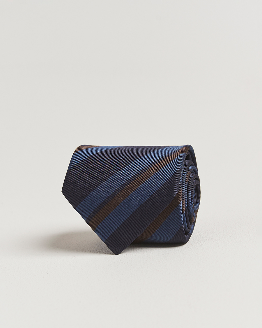 Men | Ties | Drake's | Stripe Mogador Silk/Cotton Tie Navy/Brown