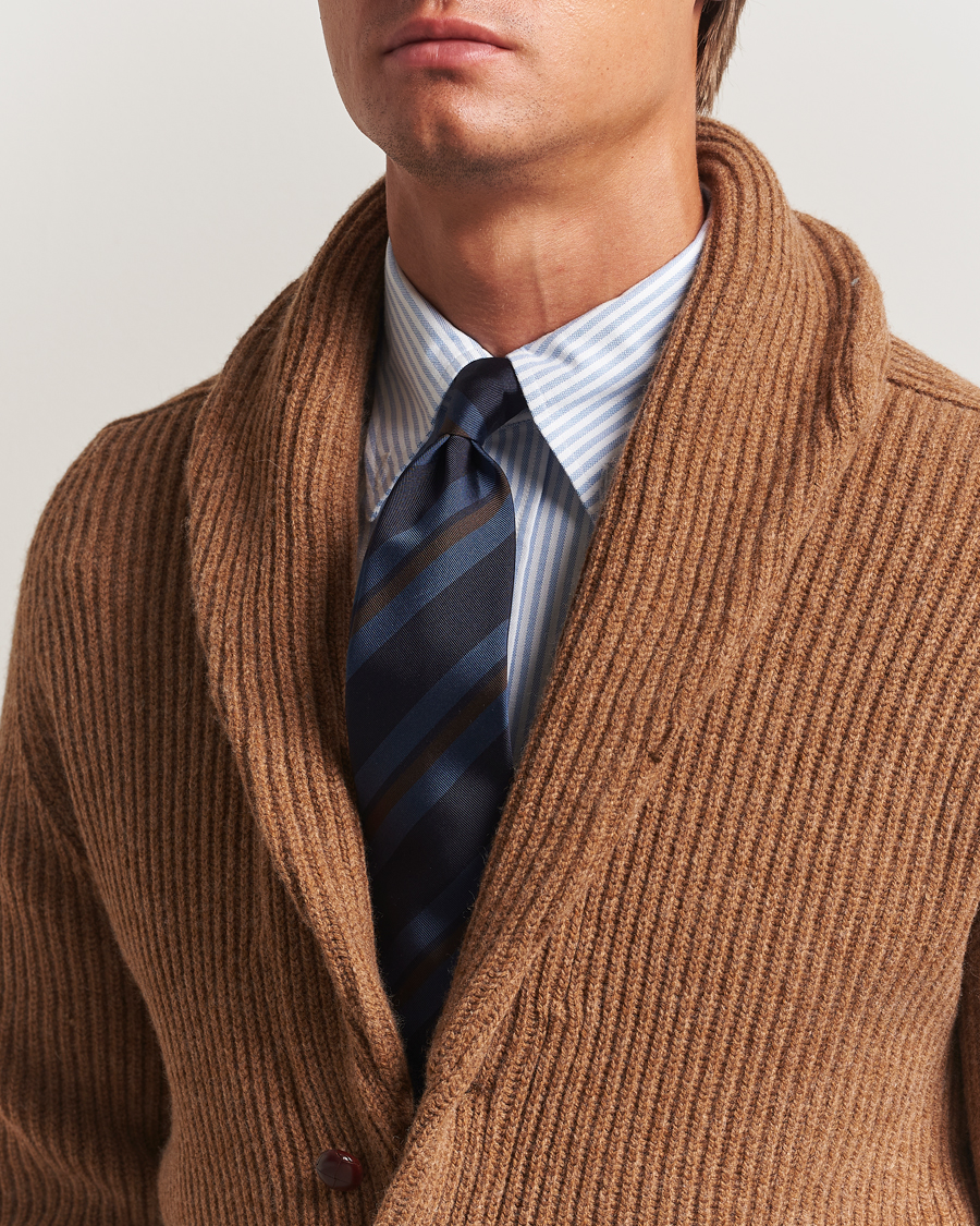 Men | Ties | Drake's | Stripe Mogador Silk/Cotton Tie Navy/Brown