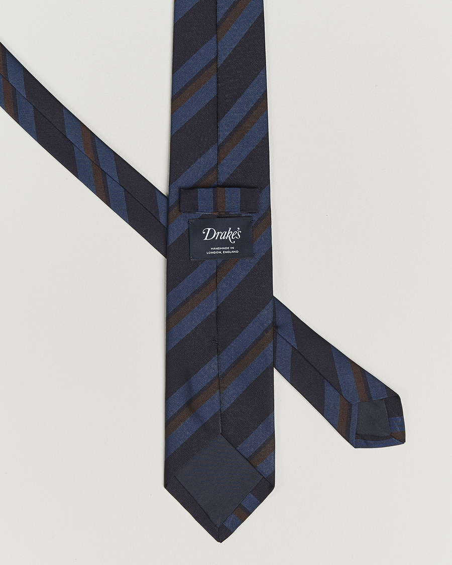 Men | Ties | Drake's | Stripe Mogador Silk/Cotton Tie Navy/Brown