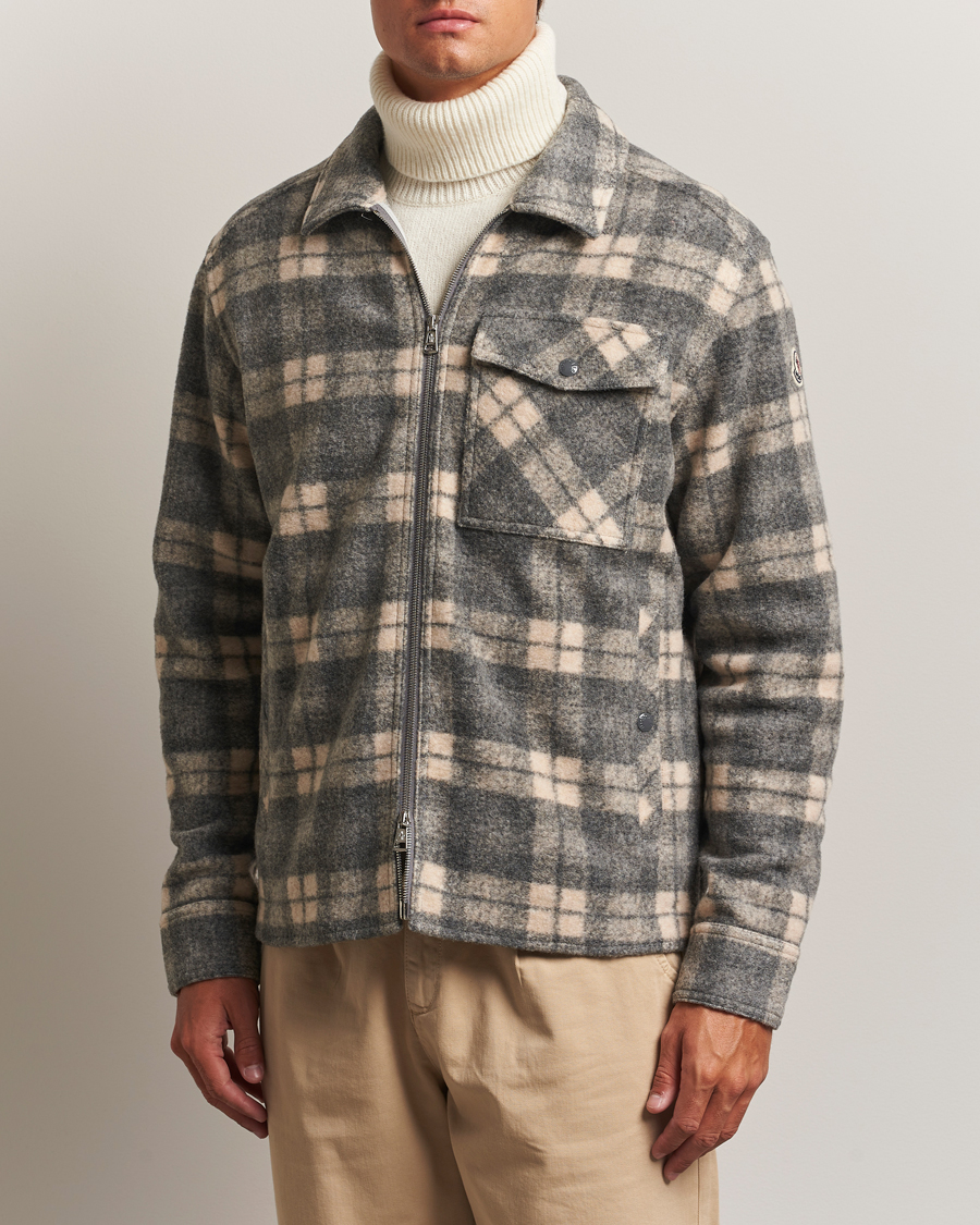 Men | Shirts | Moncler | Wool Zip Overshirt Grey Check
