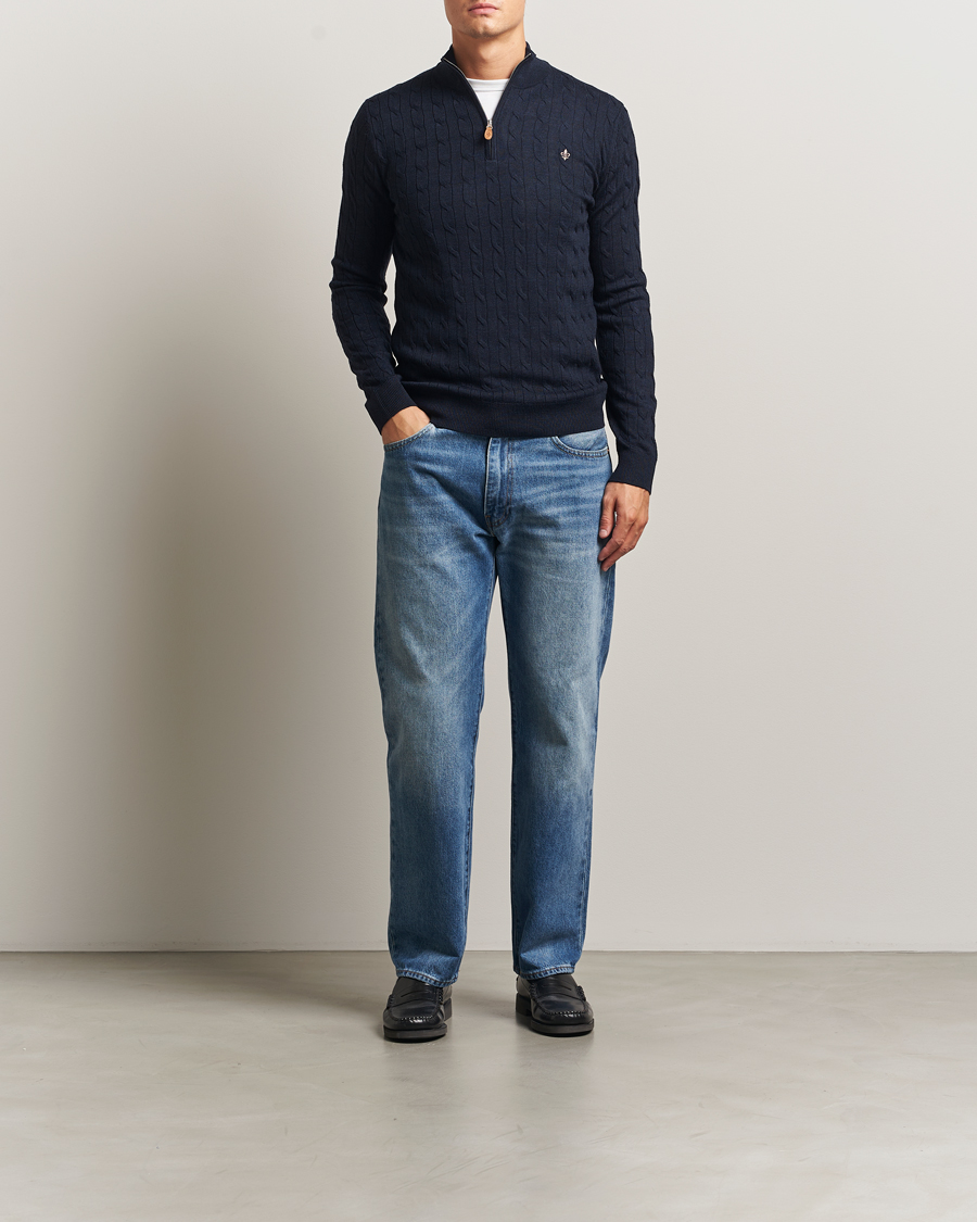Men | Sweaters & Knitwear | Morris | Merino Cable Half Zip Navy