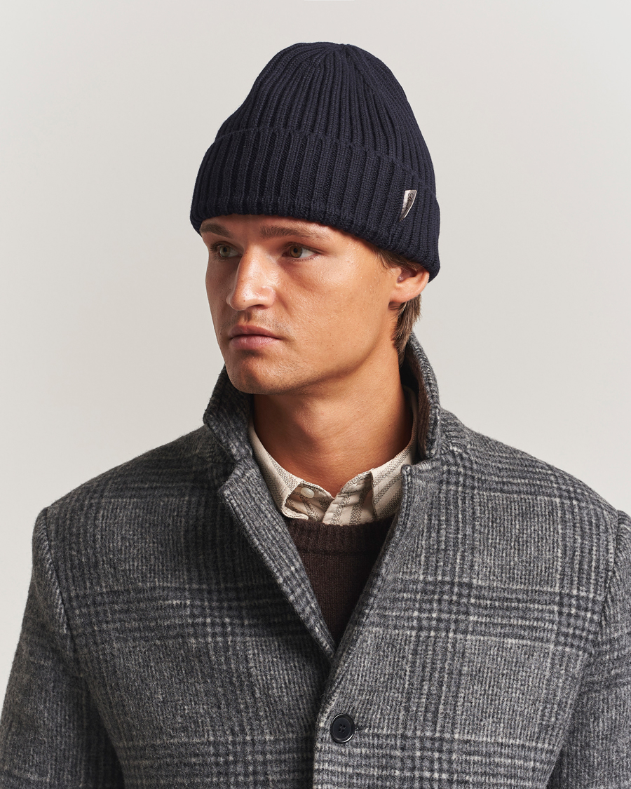 Men | Beanies | Stenströms | Rib Knitted Merino Beanie Navy