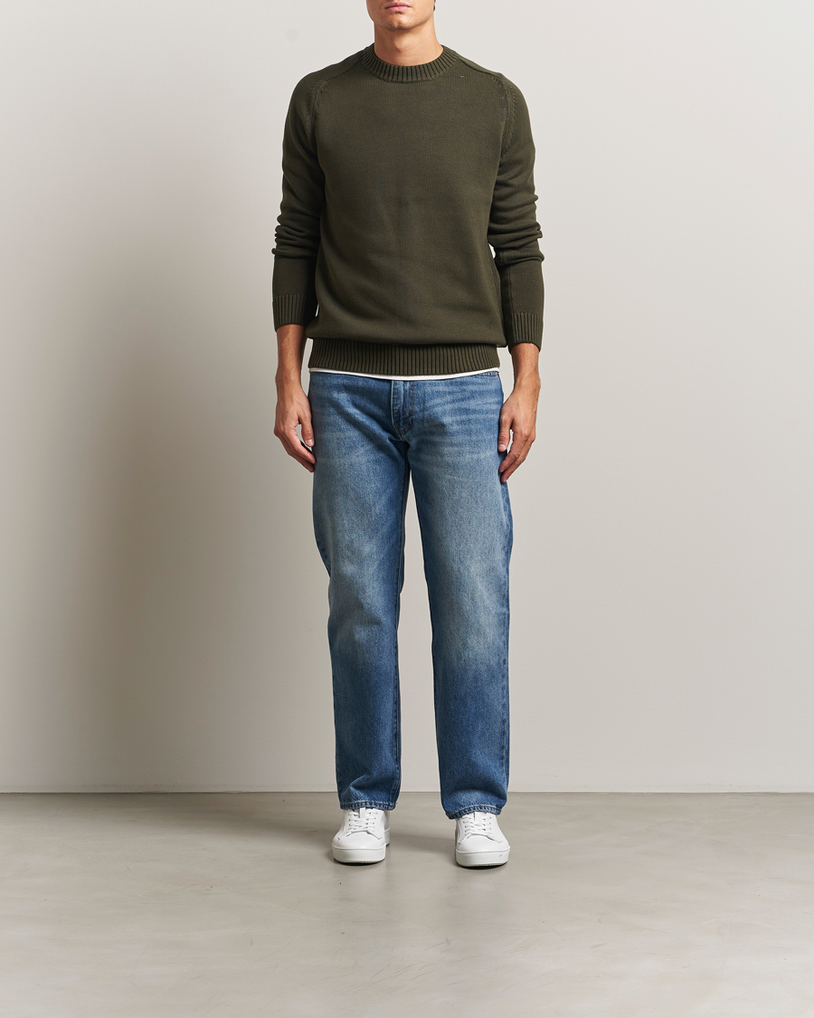 Men | Sweaters & Knitwear | KnowledgeCotton Apparel | Plain Knitted Cotton Crewneck Forest Night
