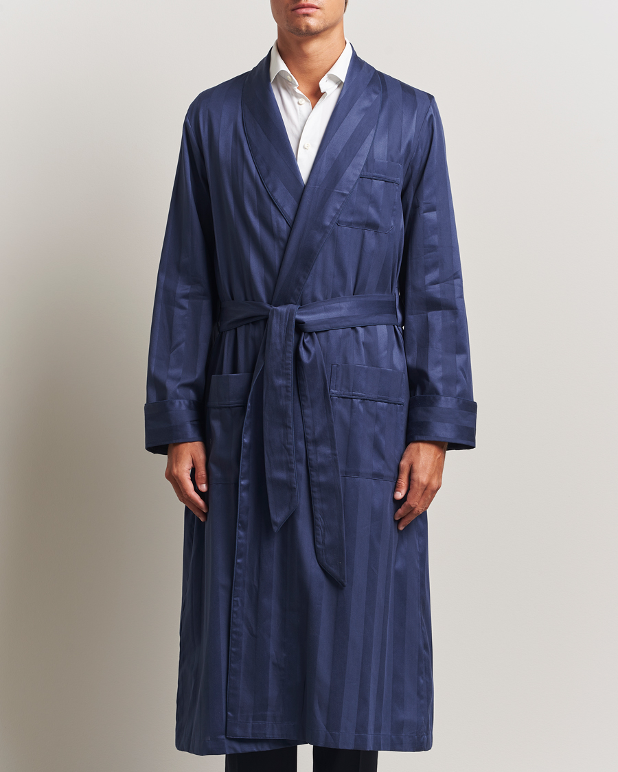 Men | Pyjamas & Robes | Derek Rose | Striped Cotton Dressing Gown Navy