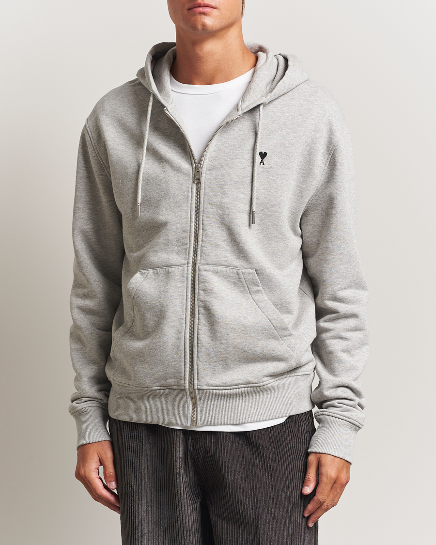 Men | Sweaters & Knitwear | AMI | Black Heart Logo Full Zip Hoodie Grey Heather