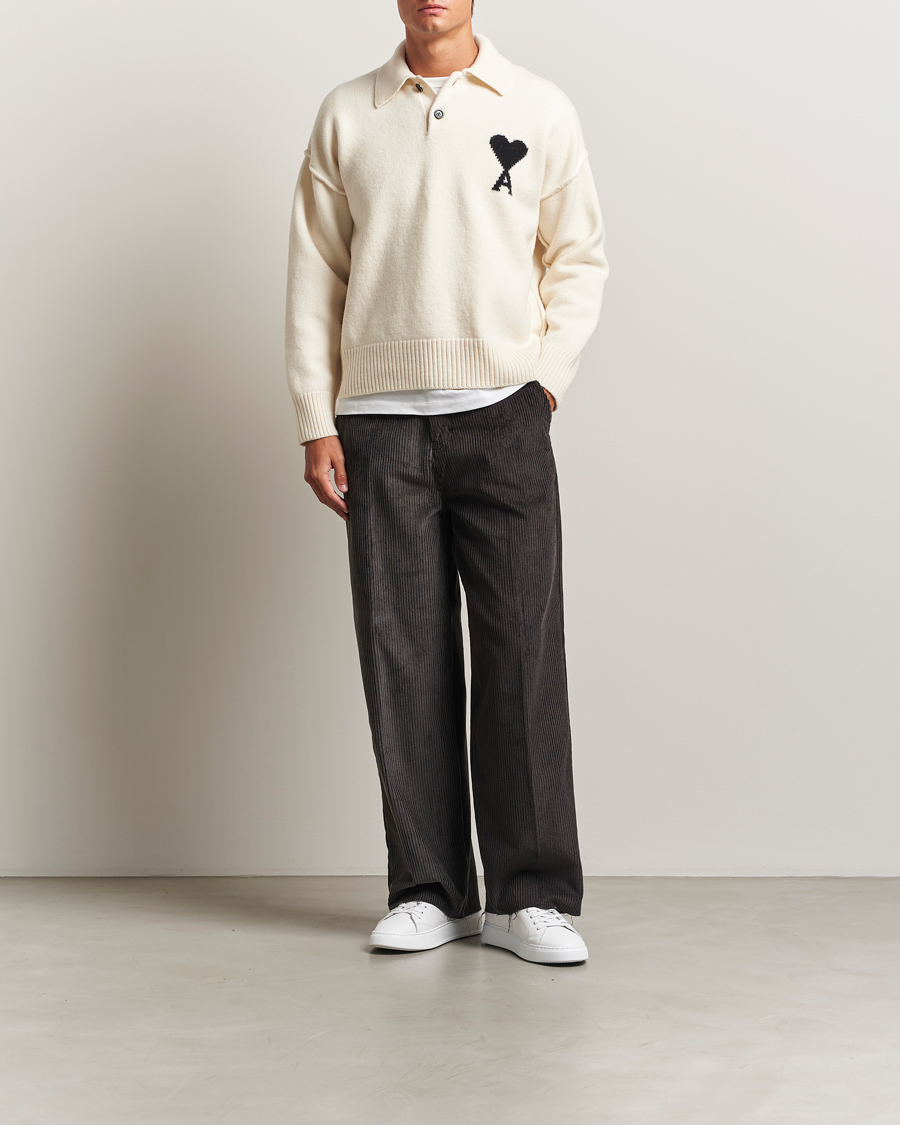Men | Sweaters & Knitwear | AMI | Big Heart Logo Wool Knitted Polo Ecru