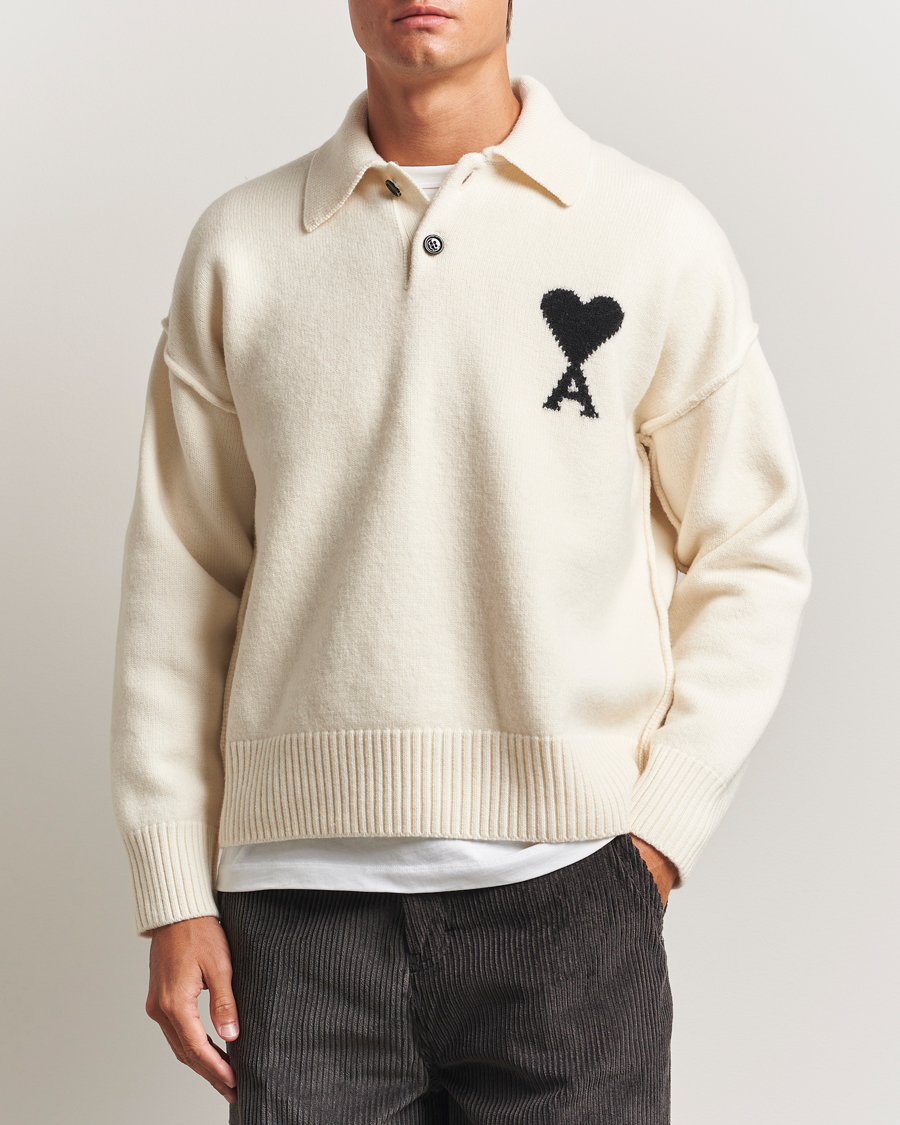 Men | Sweaters & Knitwear | AMI | Big Heart Logo Wool Knitted Polo Ecru