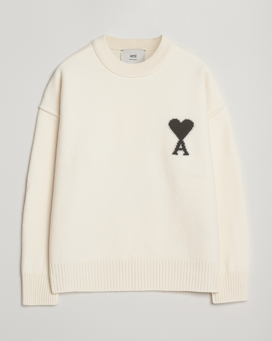 Men | Sweaters & Knitwear | AMI | Big Heart Logo Wool Knitted Sweater Ecru