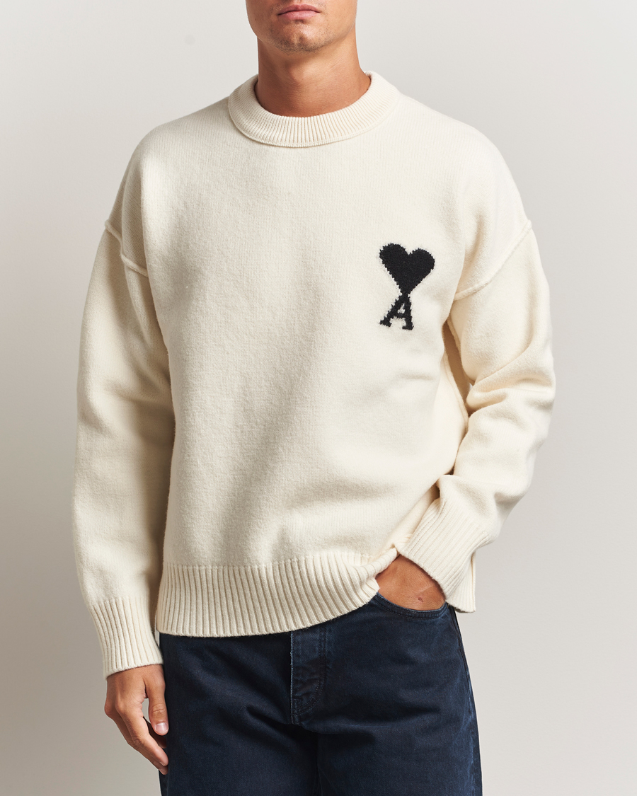 Men | Sweaters & Knitwear | AMI | Big Heart Logo Wool Knitted Sweater Ecru