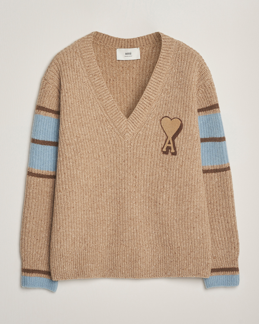 Men | Sweaters & Knitwear | AMI | Ribbed Wool Knitted V-Neck Camel