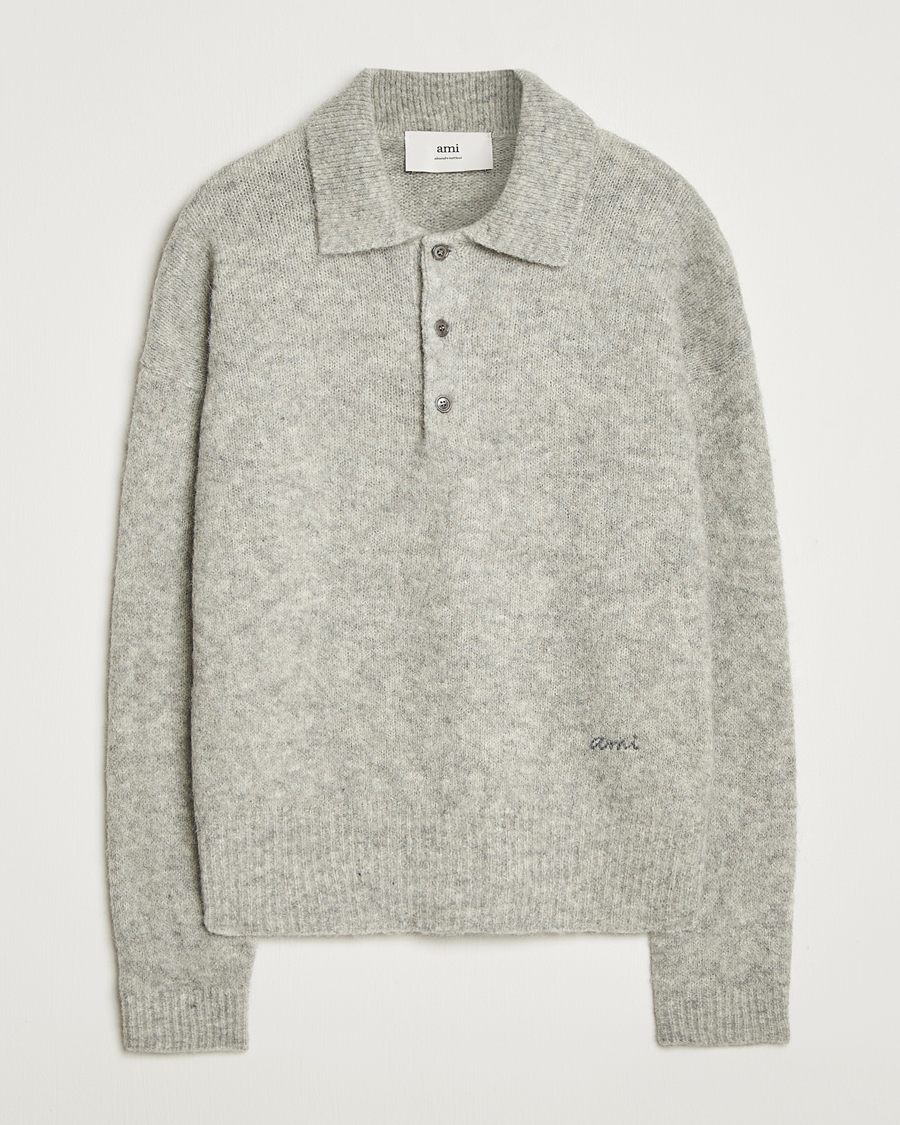 Men | Sweaters & Knitwear | AMI | Signature Alpaca Knitted Polo Light Grey Melange