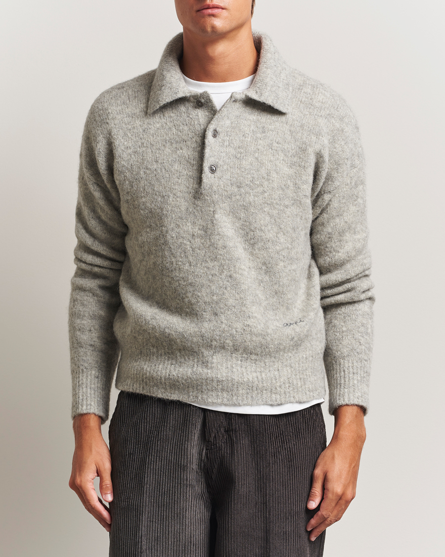 Men | Sweaters & Knitwear | AMI | Signature Alpaca Knitted Polo Light Grey Melange