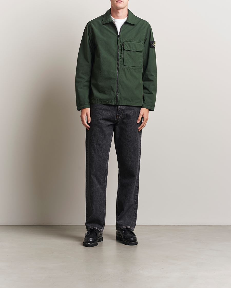 Men | Shirts | Stone Island | Garment Dyed Organic Cotton Zip Overshirt Green