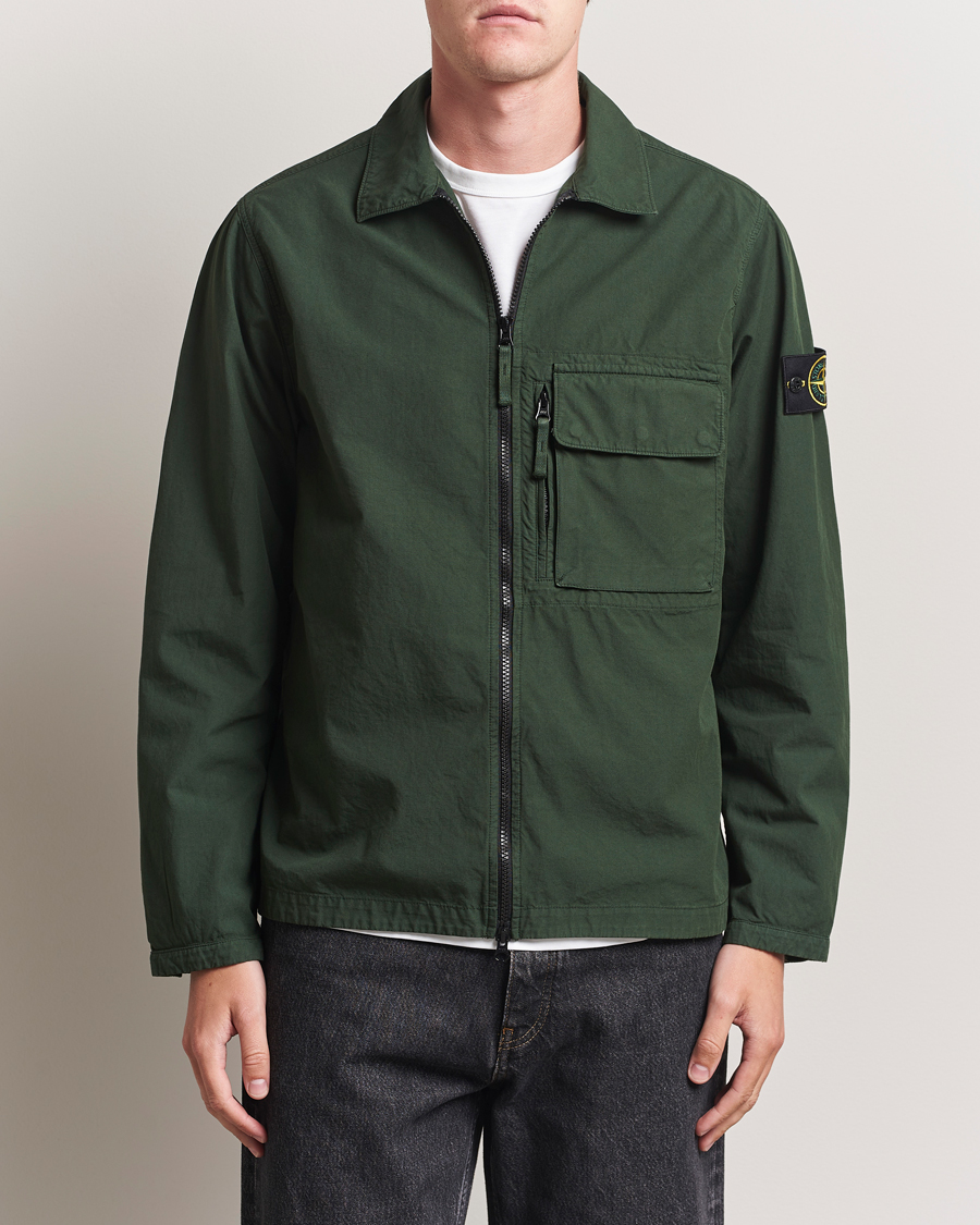 Men | Shirts | Stone Island | Garment Dyed Organic Cotton Zip Overshirt Green