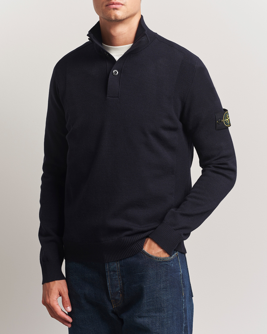 Men | Sweaters & Knitwear | Stone Island | Stretch Wool Knitted Half Button Jumper Navy