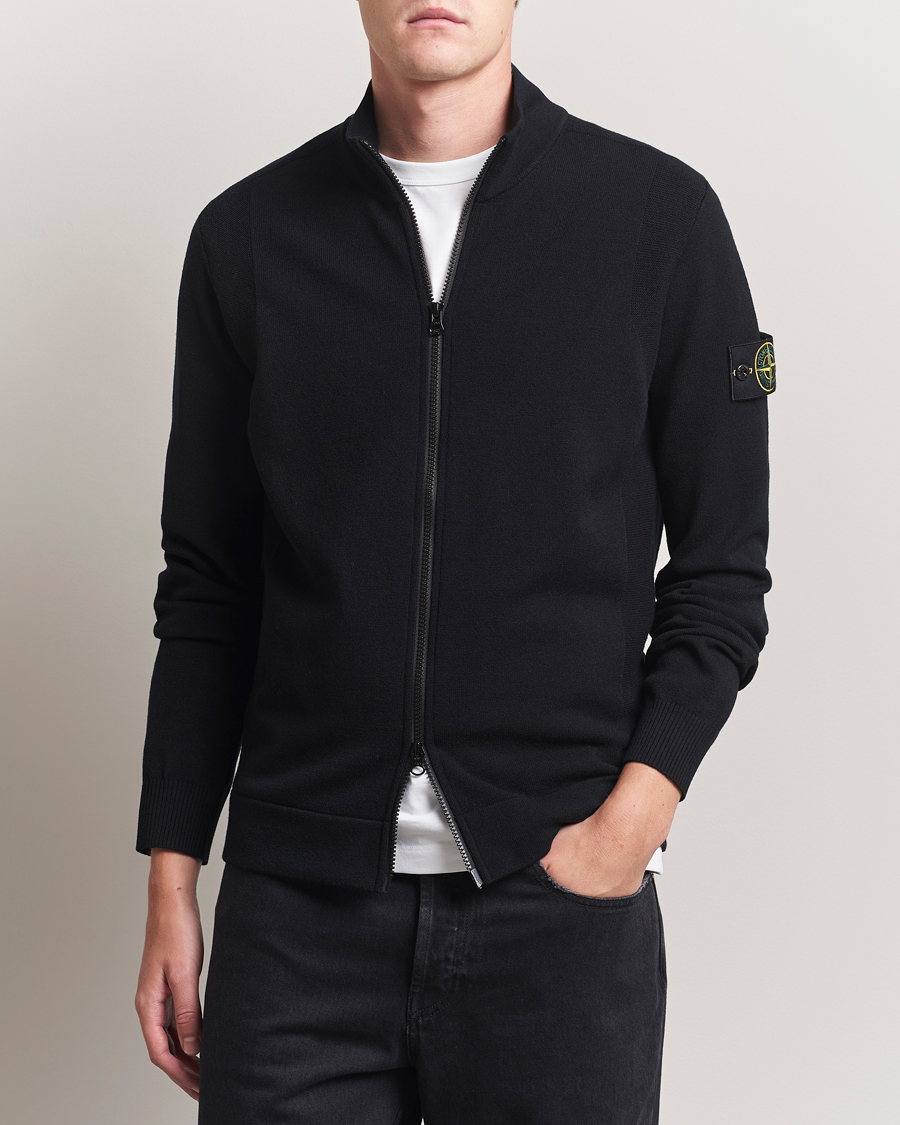 Men | Sweaters & Knitwear | Stone Island | Stretch Wool Zip Cardigan Black