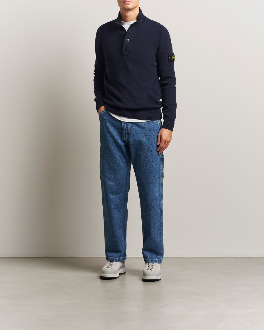 Men | Sweaters & Knitwear | Stone Island | Knitted Lambswool Half Button Zip Navy