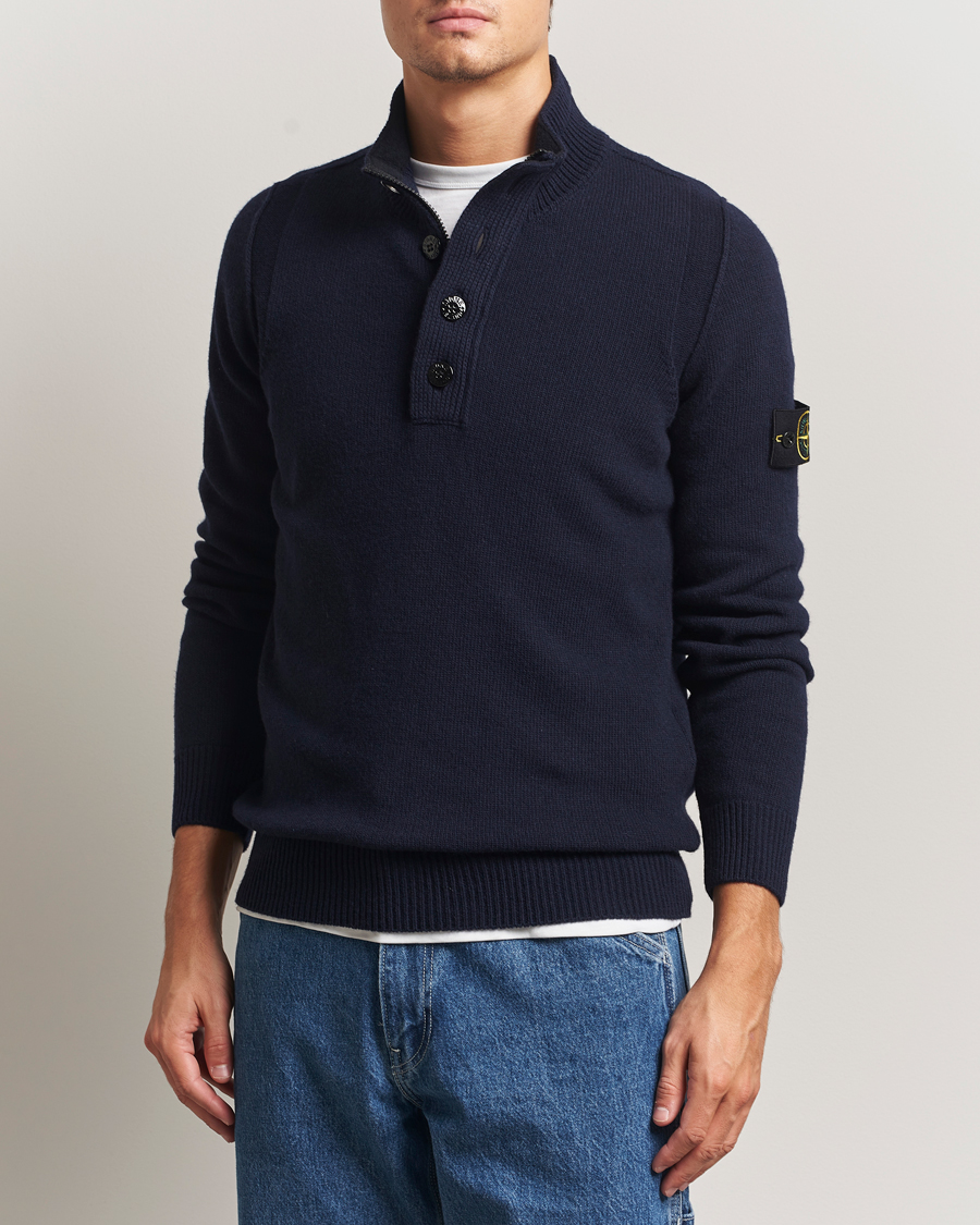 Men | Sweaters & Knitwear | Stone Island | Knitted Lambswool Half Button Zip Navy