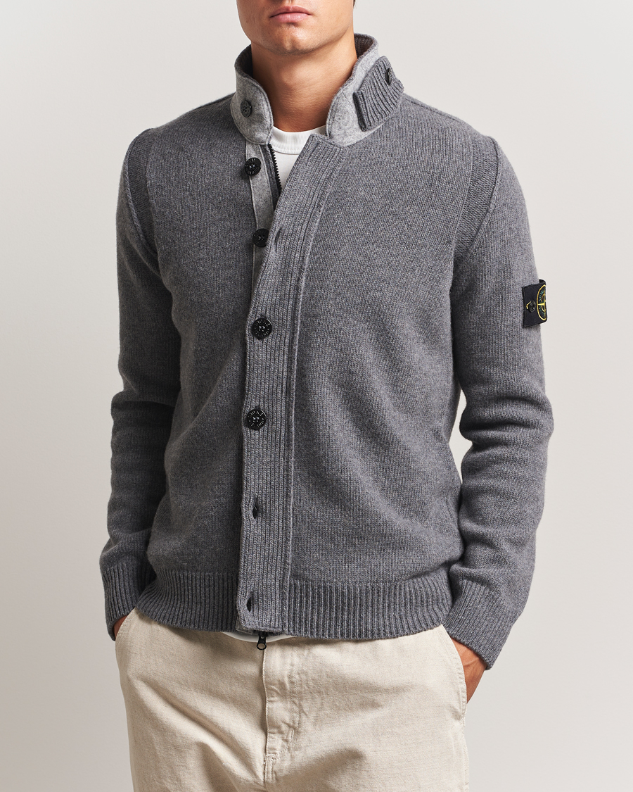 Men | Sweaters & Knitwear | Stone Island | Knitted Lambswool Zip Cardigan Cement Melange