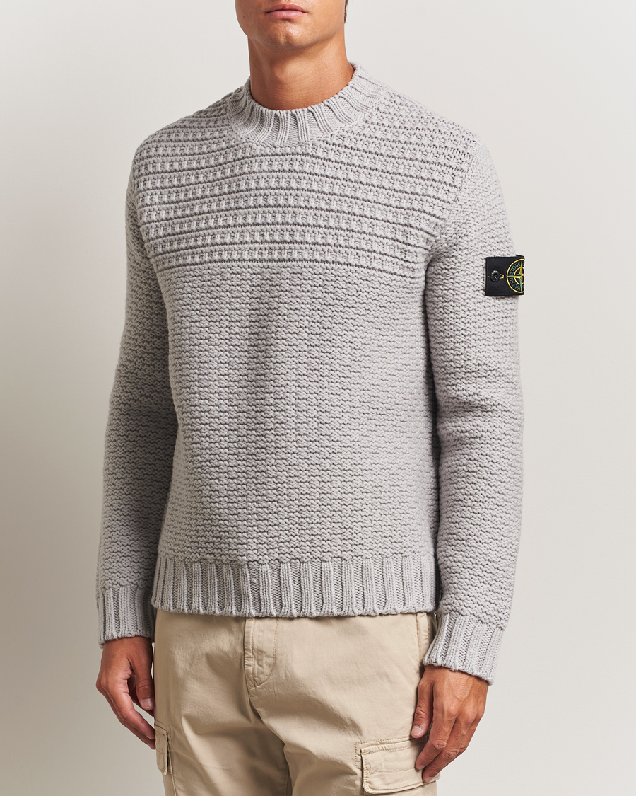 Men | Sweaters & Knitwear | Stone Island | Mixed Stiches Wool Knitted Crew Neck Pearl Grey