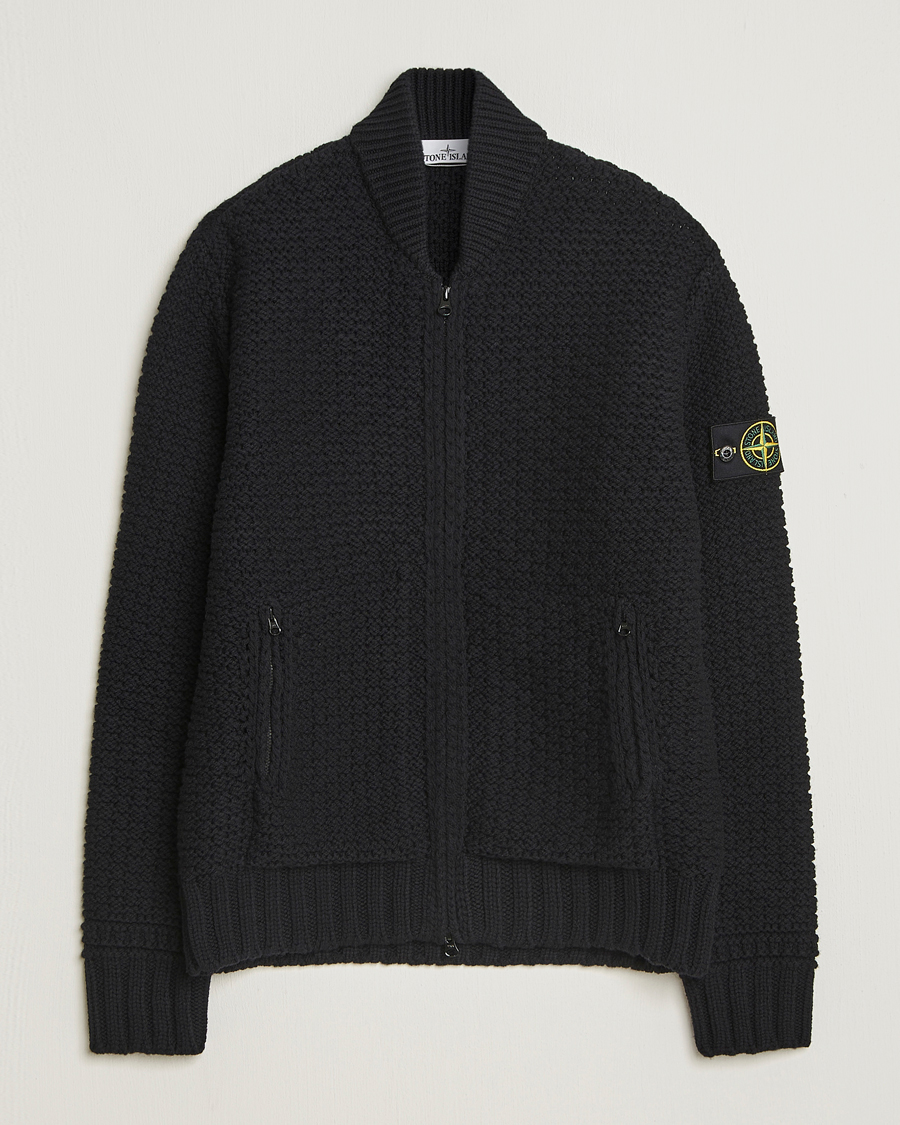 Men | Sweaters & Knitwear | Stone Island | Mixed Stiches Wool Knitted Zip Cardigan Black