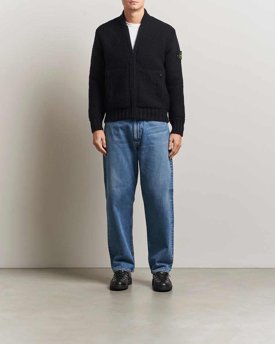 Men | Sweaters & Knitwear | Stone Island | Mixed Stiches Wool Knitted Zip Cardigan Black