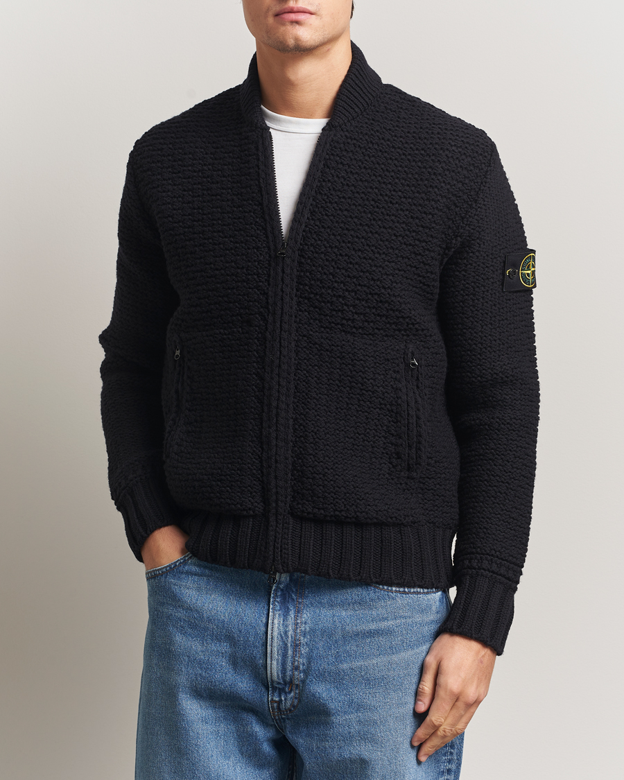 Men | Sweaters & Knitwear | Stone Island | Mixed Stiches Wool Knitted Zip Cardigan Black