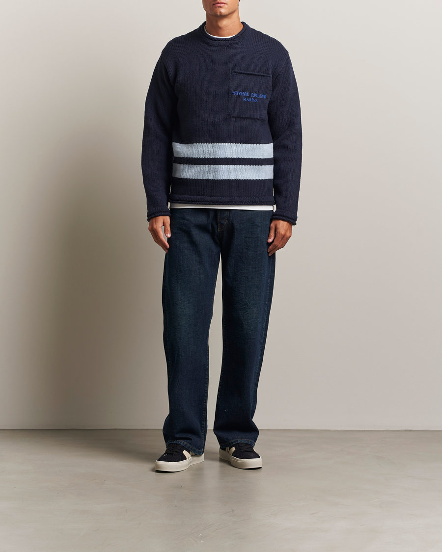 Men | Sweaters & Knitwear | Stone Island | Marina Knitted Wool Contrast Crew Neck Navy