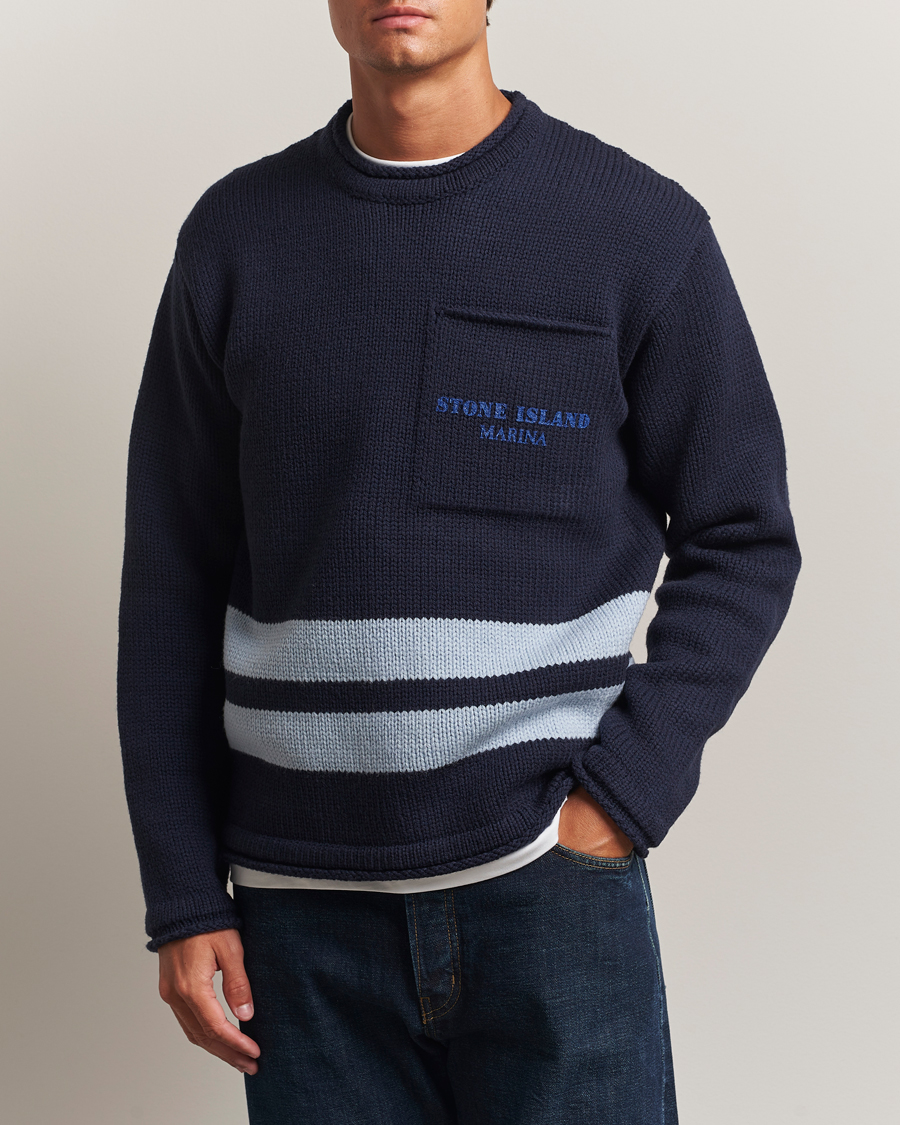 Men | Sweaters & Knitwear | Stone Island | Marina Knitted Wool Contrast Crew Neck Navy