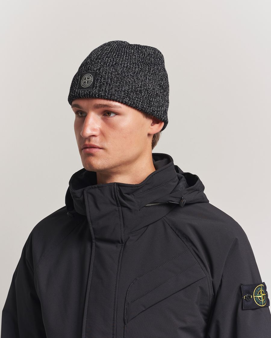 Men | Beanies | Stone Island | Reflective Cotton Knit Beanie Black Melange