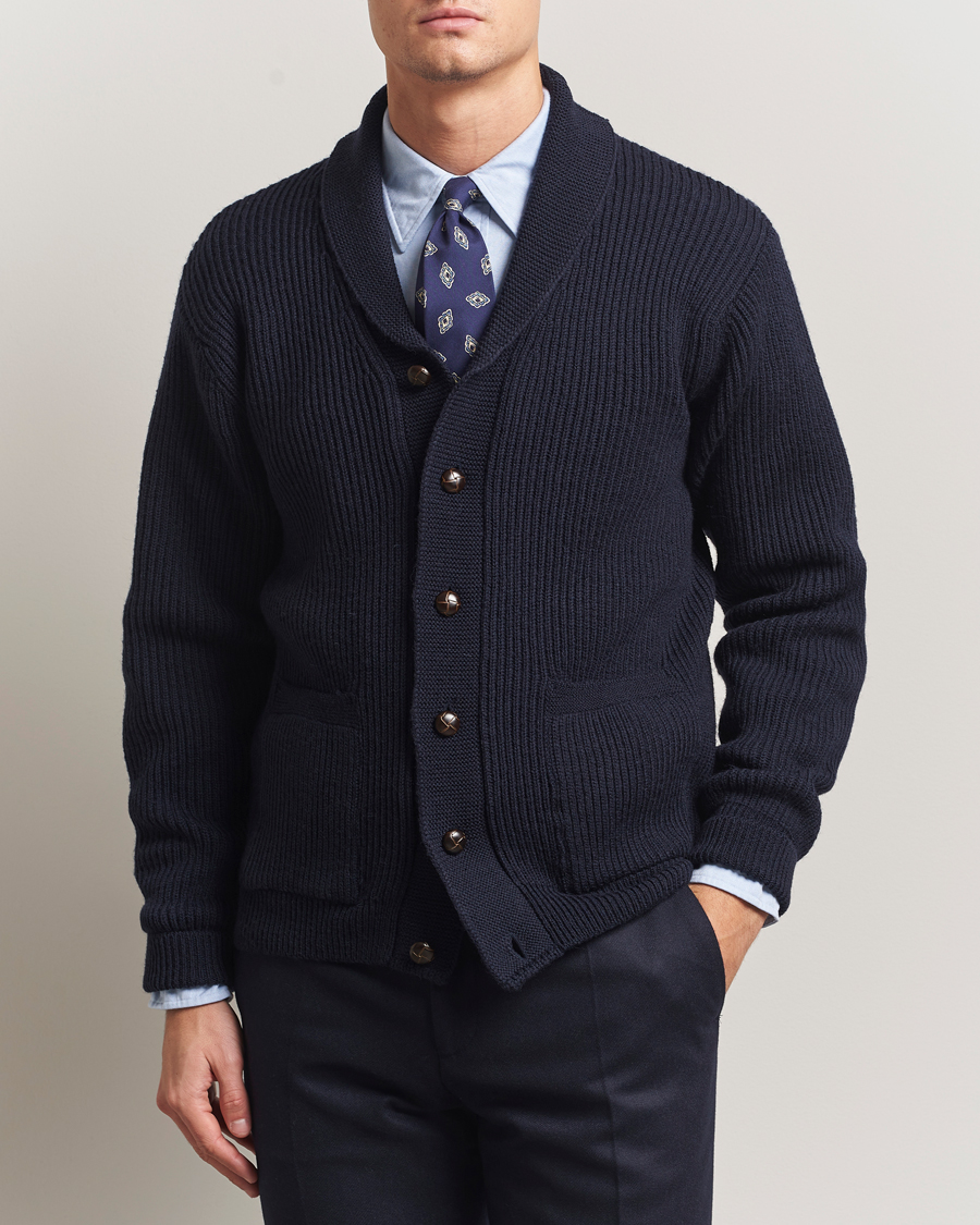 Men | Sweaters & Knitwear | Kamakura Shirts | McQueen Shawl Collar Cardigan Navy