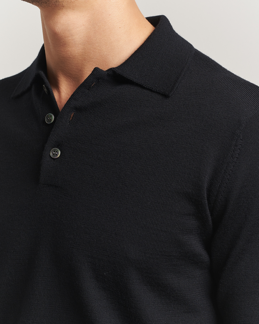 Men | Sweaters & Knitwear | Kamakura Shirts | Long Sleeve Knitted Polo Black