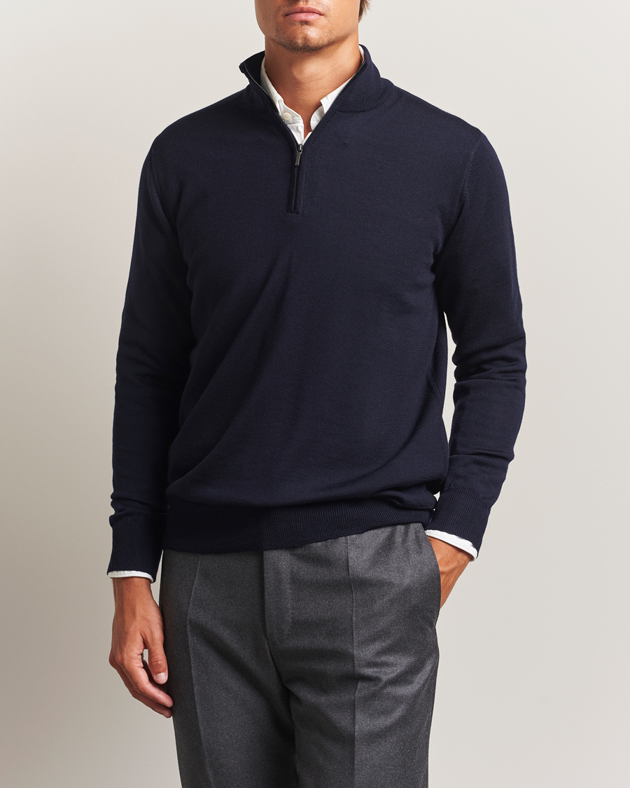 Men | Sweaters & Knitwear | Morgano | Extra Fine Merino Wool Half-Zip Navy