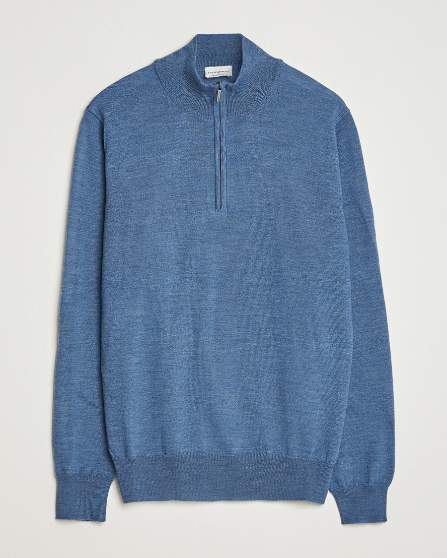Men | Sweaters & Knitwear | Morgano | Extra Fine Merino Wool Half-Zip Denim Blue