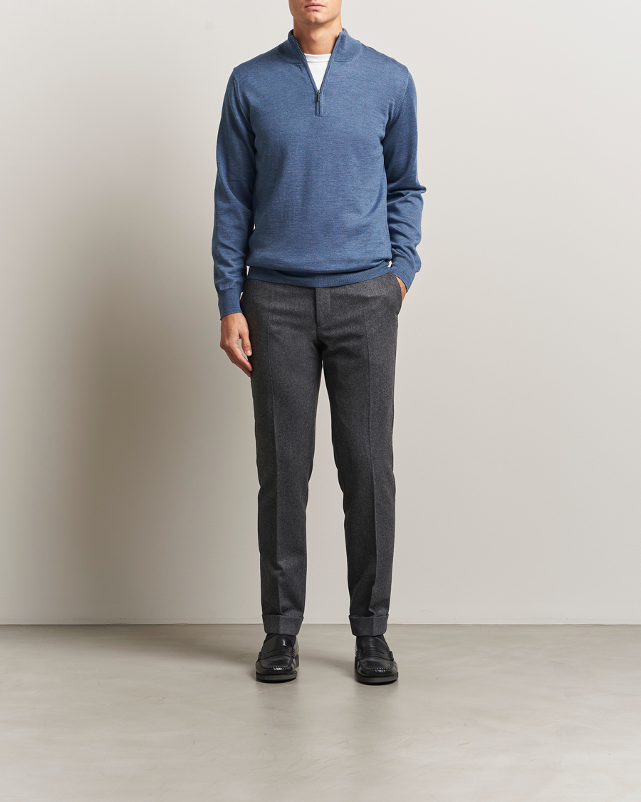 Men | Sweaters & Knitwear | Morgano | Extra Fine Merino Wool Half-Zip Denim Blue