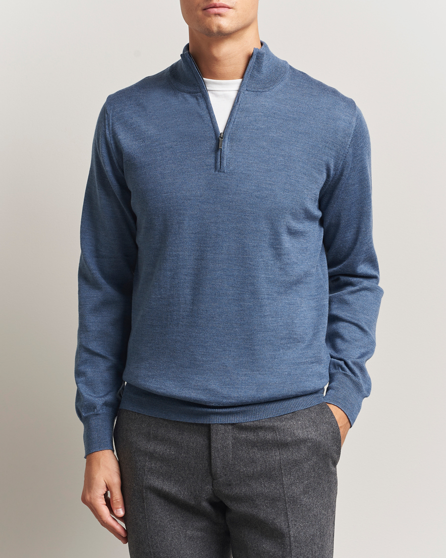 Men | Sweaters & Knitwear | Morgano | Extra Fine Merino Wool Half-Zip Denim Blue