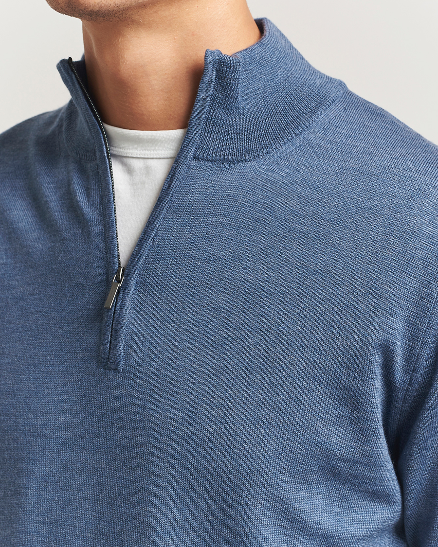 Men | Sweaters & Knitwear | Morgano | Extra Fine Merino Wool Half-Zip Denim Blue
