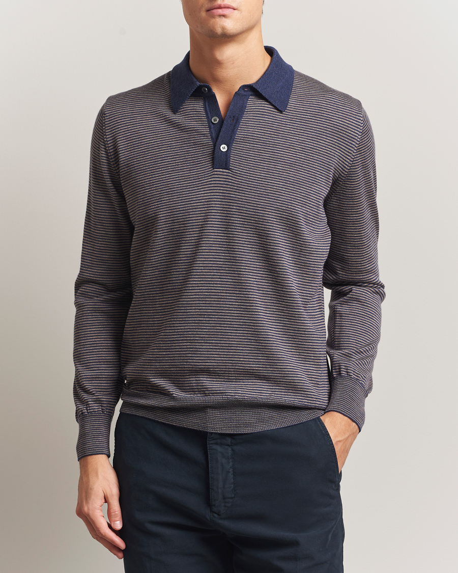 Men | Sweaters & Knitwear | Morgano | Striped Merino Polo Blue